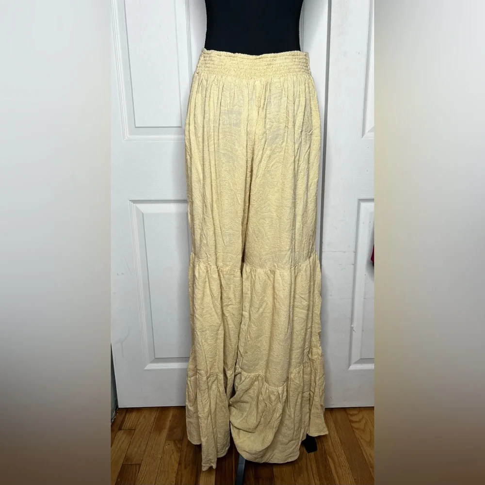 Free People Embroidered Tiered Boho high rise pants, yellow, hard to find LARGE - Picture 2 of 8